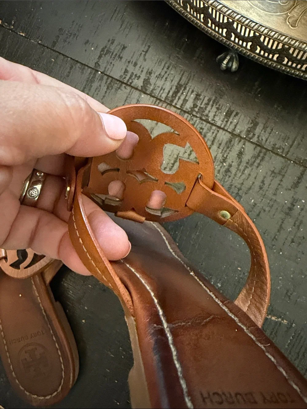 Tory Burch Cognac Leather Miller Thong Sandals - Picture 6 of 7